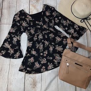 Black Floral Boho Top with Bell Sleeves